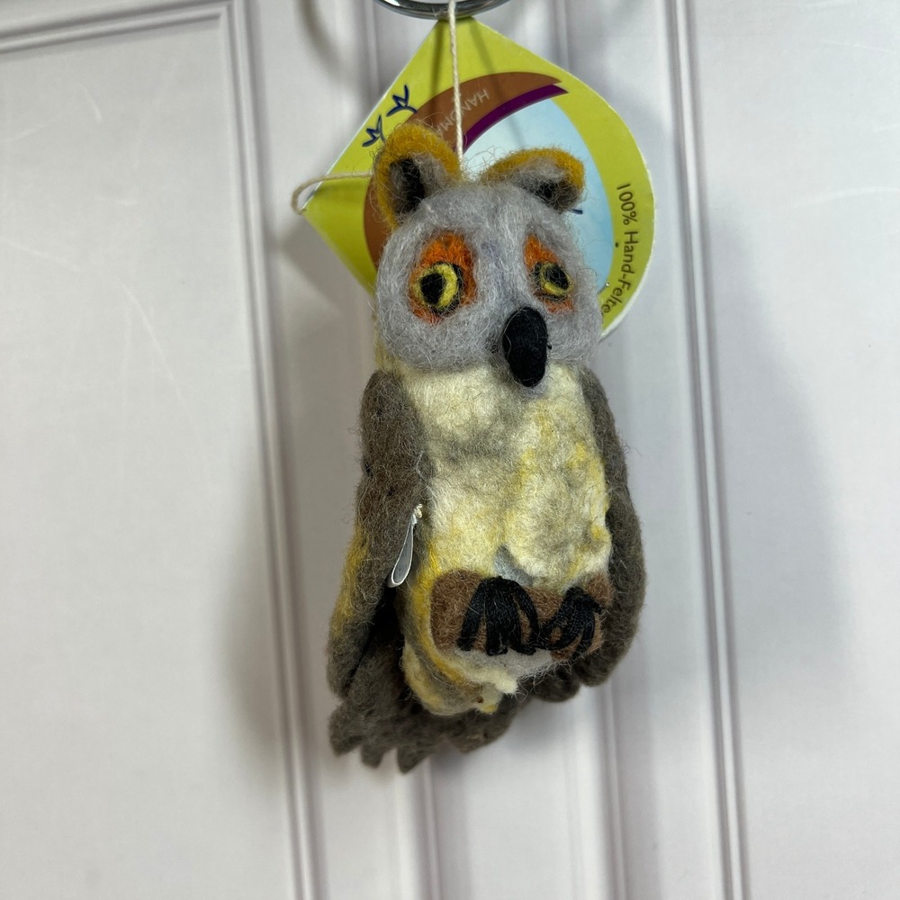 Wild Woolies Great Horned Owl Ornament Brown Yellow Felted Wool Fair Trade NEW